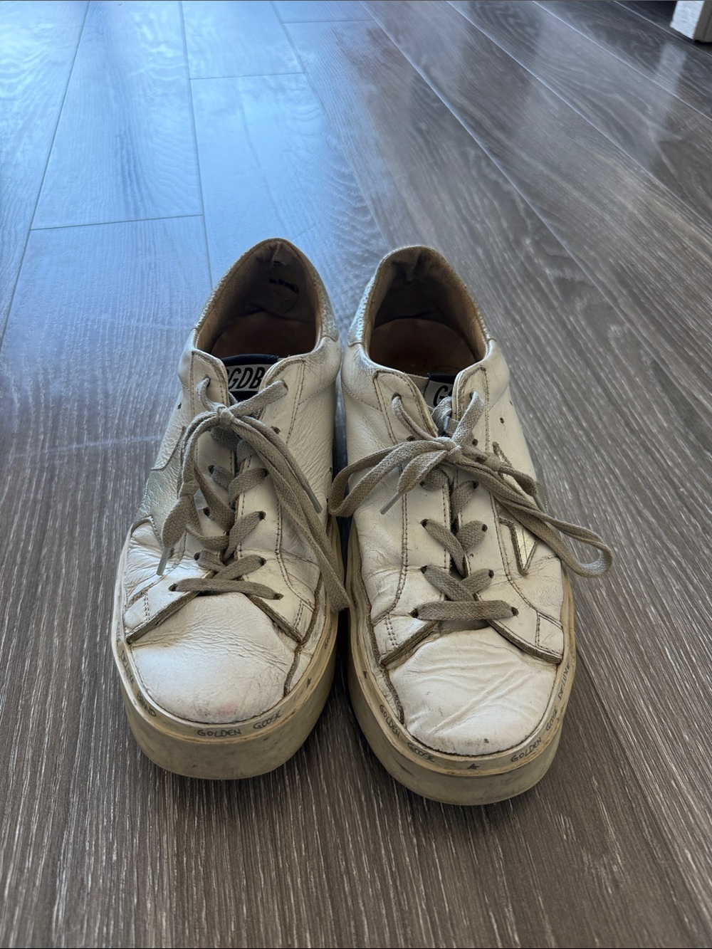Golden Goose Distressed White Leather Low-Top Sneakers with Gray Laces